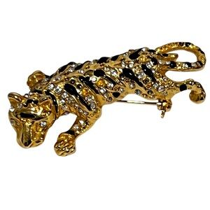 Vintage Gold & Black Crystal Tiger Brooch